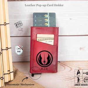Handcrafted Personalized Mechanical Pop-Up Card Holder, Custom Engraved Pop Up Leather Wallet, Personalized Leather RFID Protection Wallet