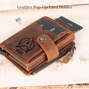 Minimalistische RFID-leren pop-upkaarthouder, gepersonaliseerde leren portemonnee dames, aangepaste heren Magsafe-portemonnee, pop-up creditcardportemonnee
