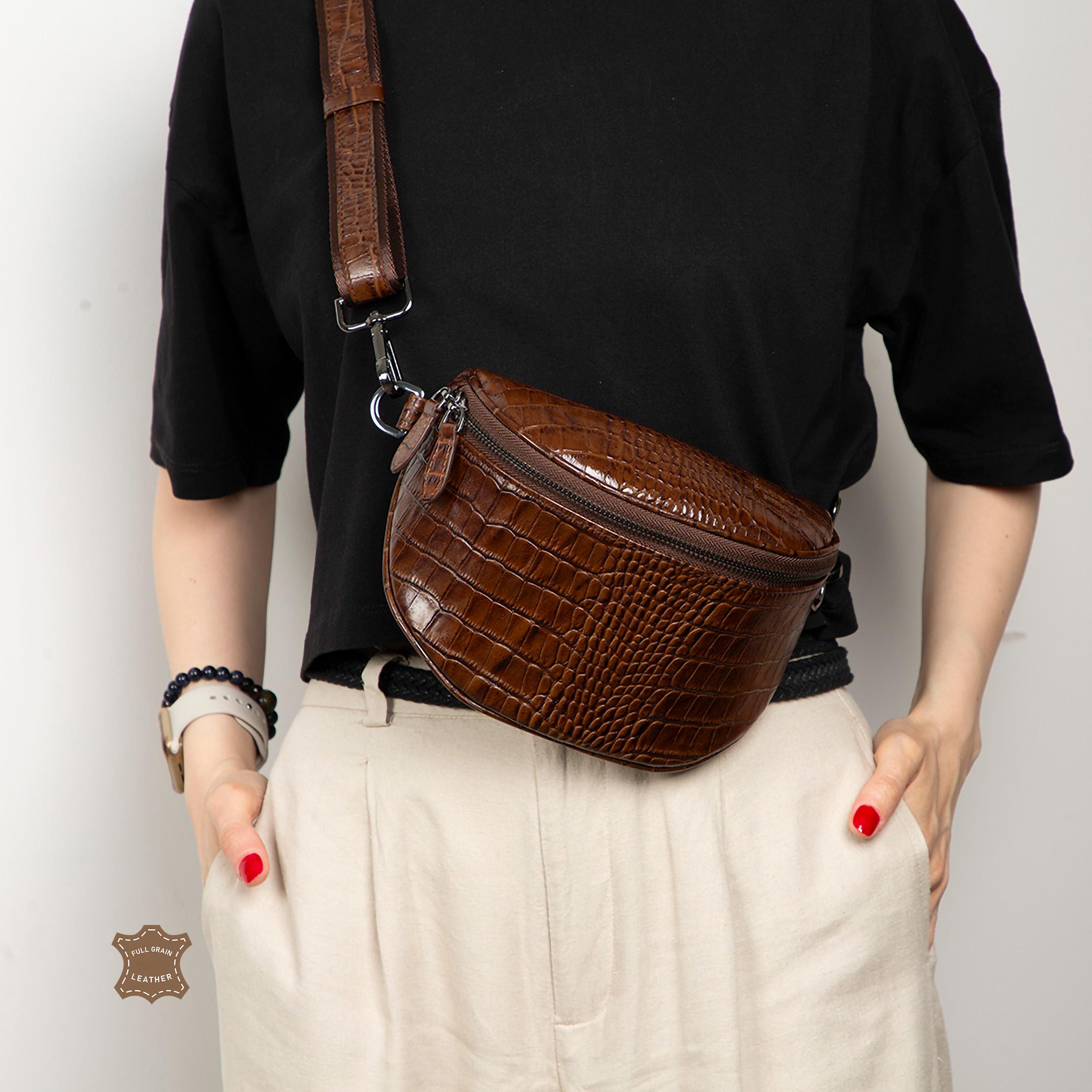 Genuine Leather Crossbody Bag, Croc Embossed Belt Bag 