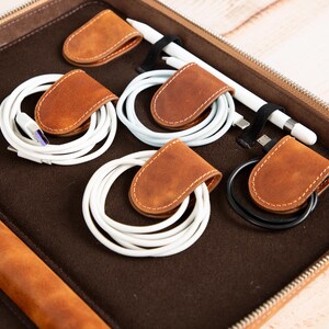 Leather Travel Cable Organizer Bag, Zippered Tech Pouch for Chargers (Personalized) image 19