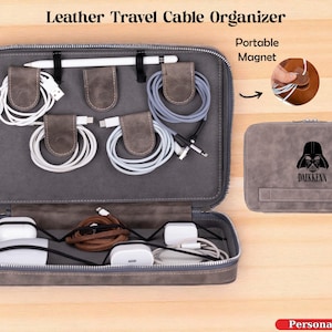 Personalized Cable Organizer Travel Case, Travel Electronics Accessories Bag, Custom Leather Tech Organizer, Travel Cable Organizer