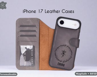 Personalized iPhone 17 Pro Leather Case Wallet : MagSafe Folio Cover with RFID, iPhone 17 Air Card Holder & Stand