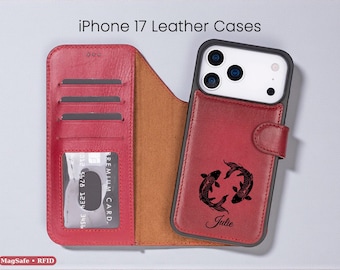 Custom Leather iPhone 17 Folio Wallet Case, MagSafe Cover with Card Holder