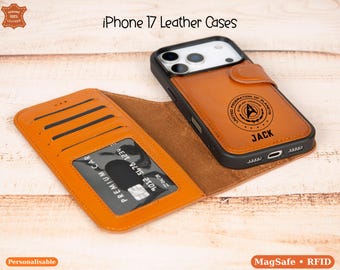 Custom Name iPhone 17 Pro Leather Case Wallet: iPhone 17 Pro Max / Air Magsafe RFID Case, Custom iPhone 17 Air Cover
