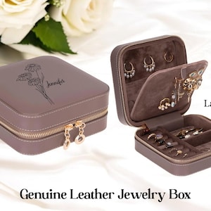 Personalized Leather Travel Jewelry Box, Custom Leather Travel Jewelry Case, Birth Flower Jewelry Travel Case, Personalized Birthday Gift