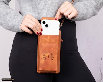 Personalized Leather Phone Crossbody Bag, Wallet Purse with Card Holder, Custom iPhone 17 Pro Max Case, Small Shoulder Bag for Women