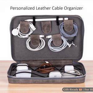 Leather Travel Cable Organizer Bag, Zippered Tech Pouch for Chargers (Personalized) image 16