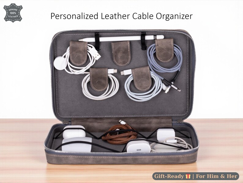 Leather Travel Cable Organizer Bag, Zippered Tech Pouch for Chargers (Personalized) image 16