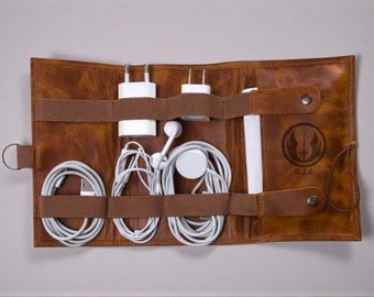 Personalized Distressed Leather Tech Roll, Mens Travel Cord Organizer, Sci-Fi Fan Gift, Custom Electronics Pouch
