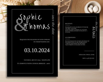 Donkere, minimalistische BEWERKBARE bruiloft (sla de datum op) uitnodigingssjabloon (Templett) INSTANT DOWNLOAD (gratis demo)