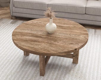 Mesa de centro redonda rústica – Diseño campestre en madera reciclada – Tamaños personalizados disponibles