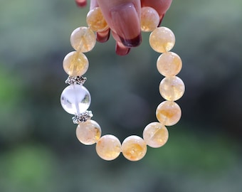 Wealth-Attracting Sunlit Citrine & Towering Clear Quartz Bracelet with Tibetan Silver - Luxurious Prosperity Amulet, Elegantly Gift-Wrapped