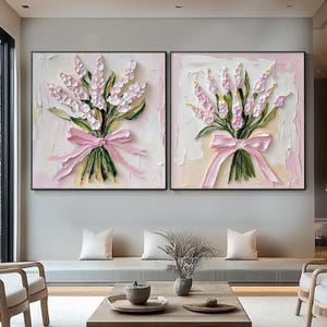Ensemble romantique de peinture à l'huile florale 3D - Diptyque d'art mural bouquet rose peint à la main avec noeuds texturés pour chambre à coucher ou décoration de cadeau