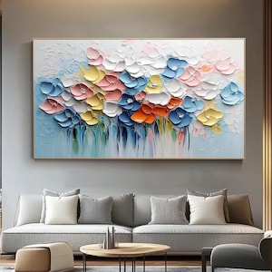 Peinture à l'huile texturée de fleurs abstraites - Art mural en toile floral peint à la main au couteau 3D pour un salon ou une décoration de bureau moderne
