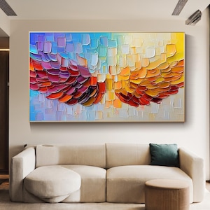 Peinture à l'huile abstraite 3D ailes d'ange - Toile texturée colorée et peinte à la main pour une décoration murale moderne ou un cadeau inspirant