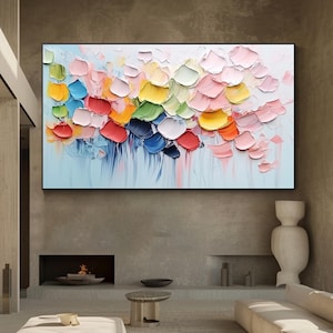 Peinture à l'huile texturée abstraite moderne - Art mural 3D coloré au couteau sur toile pour décoration contemporaine de salon ou de bureau