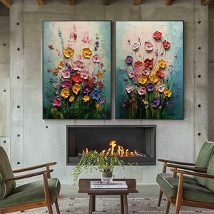Peinture florale colorée au couteau - Lot de 2 jardin de fleurs texturé 3D, oeuvre d'art murale faite main au couteau sur toile