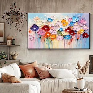 Peinture à l'huile florale 3D colorée - Art mural floral texturé peint à la main avec un couteau à palette pour une décoration vibrante de salon ou de bureau