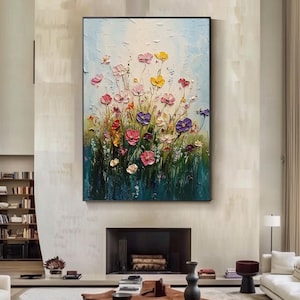 Pintura al óleo de prado de flores silvestres: lienzo floral texturizado pintado a mano en 3D para decoración natural de sala de estar o dormitorio.