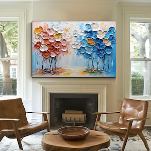 Peinture à l'huile d'arbre bicolore - Arbres floraux texturés peints à la main en bleu et orange pour une décoration murale moderne, art 3D au couteau