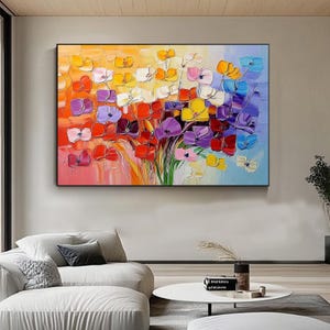 Bouquet de fleurs explosion de couleurs - Peinture à l'huile abstraite arc-en-ciel peinte à la main au couteau avec texture 3D sur toile