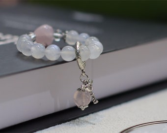 Moonlit Serenity Bracelet - Blue Moonstone & Heart-shaped Rose Quartz with Tibetan Silver Accents, Elegantly Gift-Wrapped