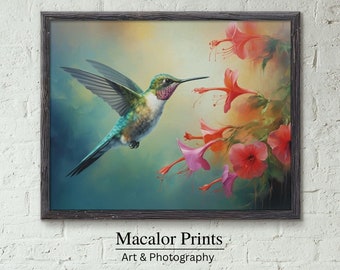 Imprimible Colibrí Primavera Flor Pared Arte Impresión / Descarga Digital / Impresiones de decoración de aves / Pintura al óleo / Naturaleza muerta / Botánico / Floral