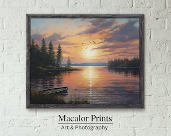 Printable Lake Sunset Landscape Painting Wall Art Print | Digital Download | Lake House Printable Decor | Downloadable Living Room Prints
