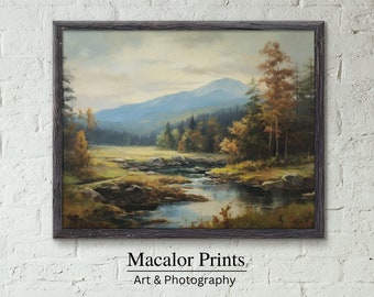 Printable Forest Mountain River Landscape Wall Art Print | Digital Download | Rustic Cabin Decor | Living Room Prints | Downloadable Artwork