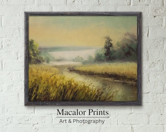 Printable Vintage River Landscape Wall Art Print | Digital Download | Muted Neutral Antique Meadow Oil Painting Prints | Farmhouse Decor