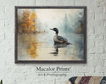 Printable Watercolor Loon On A Lake Wall Art | Digital Download | Cottage Art Print | Lake House Artwork | Downloadable Living Room Decor