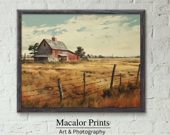 Do druku Vintage Rustic Red Barn In Field | Cyfrowa sztuka ścienna | Do pobrania | Wystrój domu wiejskiego | Grafika do sypialni | Wystrój salonu