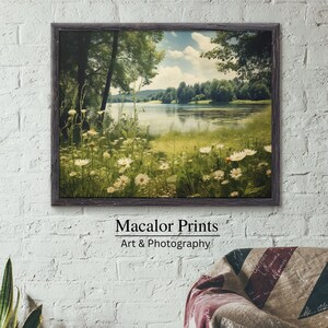 Afdrukbare vintage Wildflower Lake-print | Digitale download | Cottage kunstprint | Landschapskunst aan de muur | Woonkamerdecoratie | Slaapkamer woondecoratie