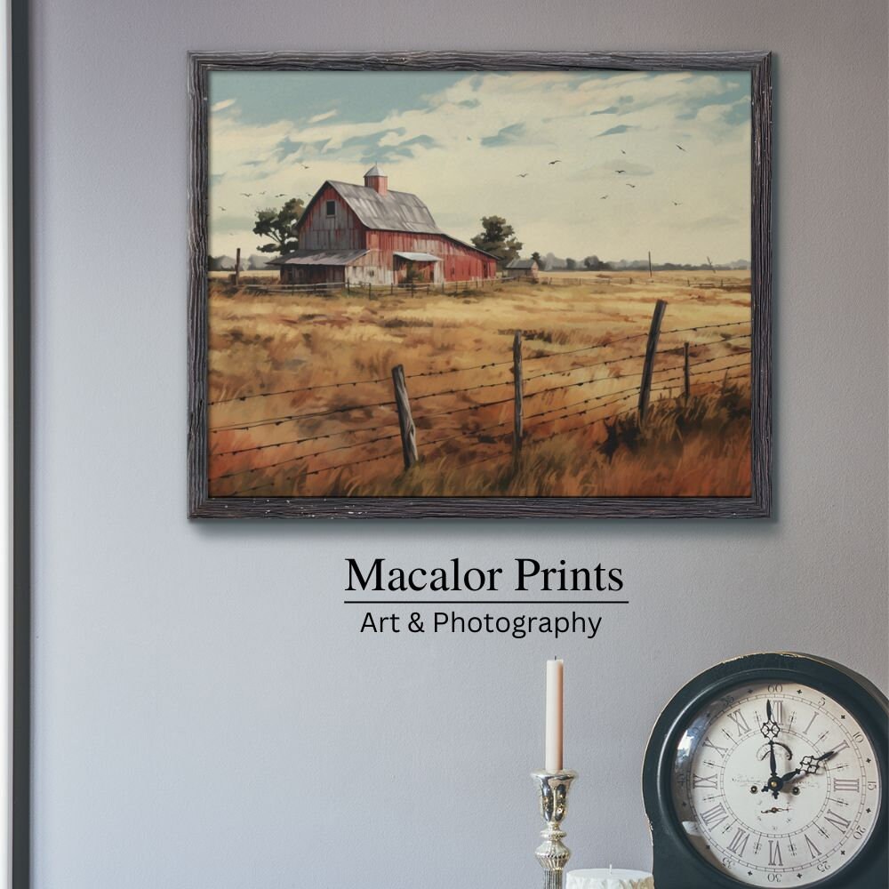 Printable Vintage Rustic Red Barn in Field | Digital Wall Art ...