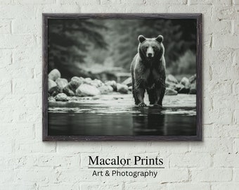 Printable Grizzly Bear In River Wall Art Print | Digital Download | Wildlife Landscape Prints | Downloadable Bear Decor | Black and White