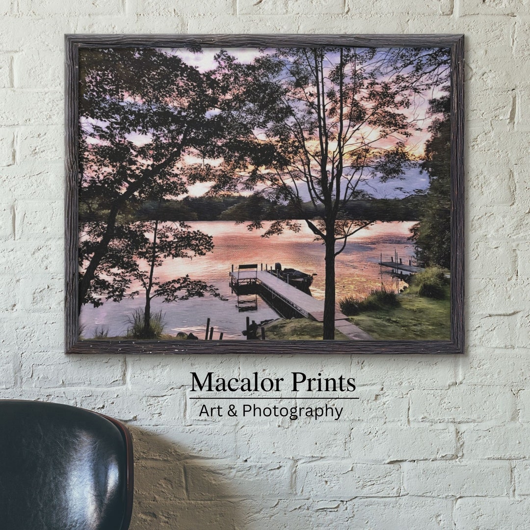 Printable Lake House Sunset Wall Art Print Digital Download Landscape Art Prints Living Room ...