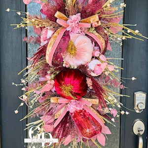 Front Door Pink Fall Wreath Pumpkin and Jewel Wreath Pink Fall Front door Decor Thanksgiving wreath Glam Elegant Pink and Burgandy wreath