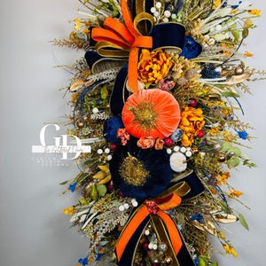 Fall Swag Wreath: Orange, Navy, and Gold Velvet Pumpkin Decor