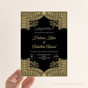 Afghanische Traditionelle Gulabatun Kar Hochzeit Henna Party Verlobungsteil Einladungskarte - Schwarz und Gold