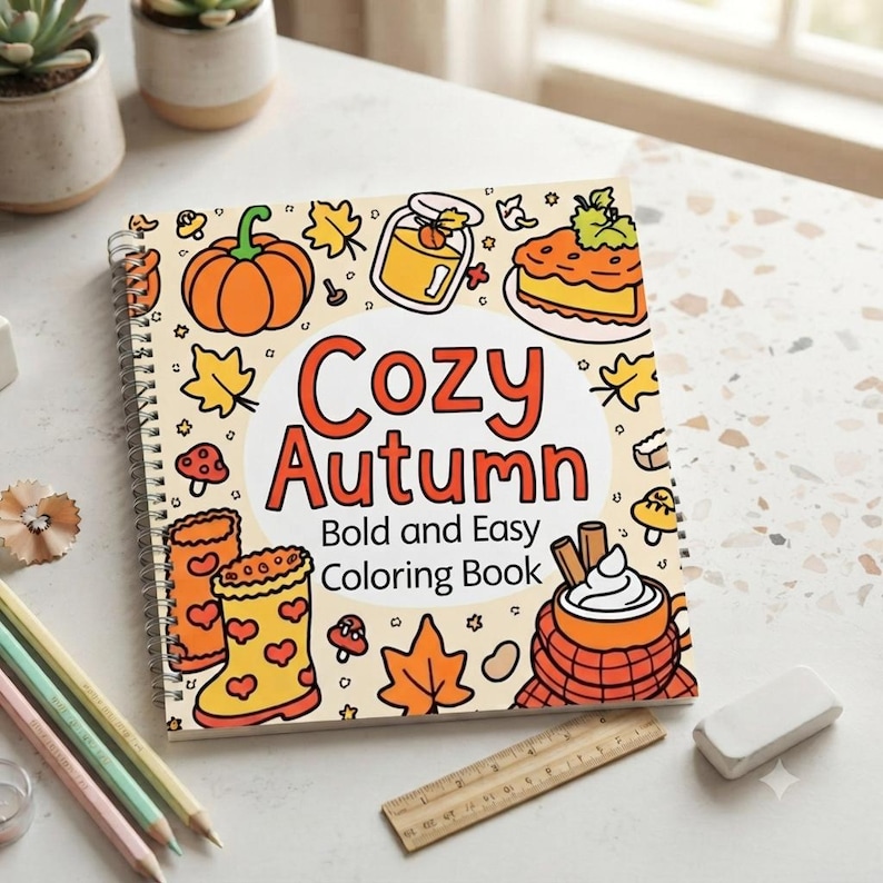 May include: A spiral-bound coloring book titled Cozy Autumn Bold and Easy Coloring Book, featuring a cream-colored cover with orange and yellow illustrations of pumpkins, autumn leaves, rain boots, a pie, and a mug of hot cocoa with whipped cream.