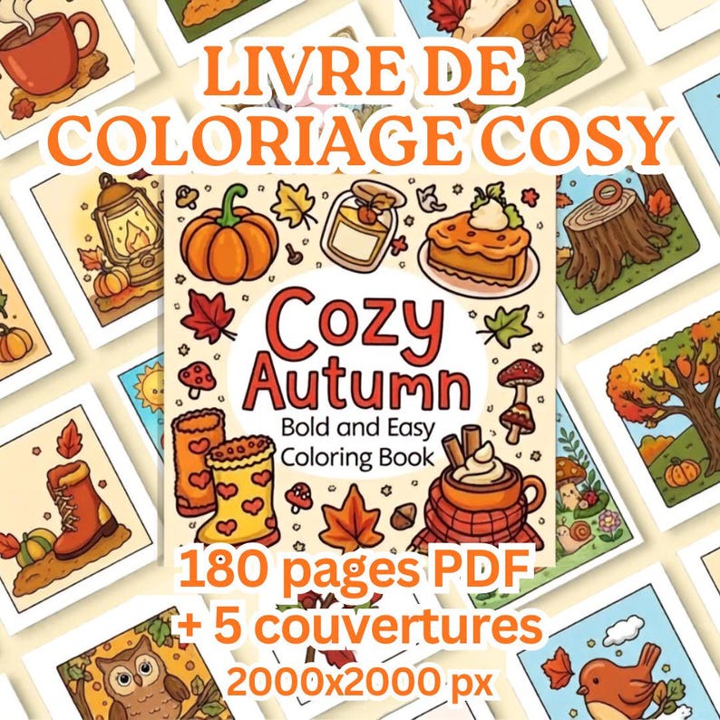 May include: A digital coloring book titled Cozy Autumn Bold and Easy Coloring Book featuring illustrations of pumpkins, leaves, boots, and hot drinks. The image includes text stating 180 pages PDF, 5 covers, and 2000x2000 px resolution.