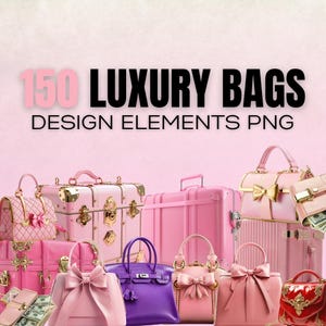Peut inclure: Une collection de sacs et de bagages de luxe roses et violets. L'image comprend des sacs à main, des bourses et des valises dans différentes nuances de rose, avec des détails dorés et des nœuds. Le texte indique "150 LUXURY BAGS DESIGN ELEMENTS PNG."