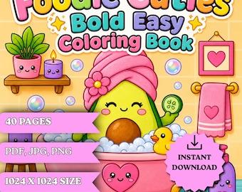 Cozy food Coloring Book Printable, 40+ Bold Easy Coloring Pages, Food Coloring Book PDF, Relaxing Adult Coloring, Instant Download
