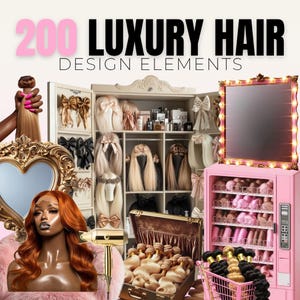 Peut inclure: Image présentant des éléments de design capillaire de luxe. On y voit des perruques, des mèches de cheveux et des accessoires, présentés dans un cadre élégant avec un distributeur rose, une armoire vintage et un miroir en forme de cœur. Le texte indique "200 LUXURY HAIR DESIGN ELEMENTS".