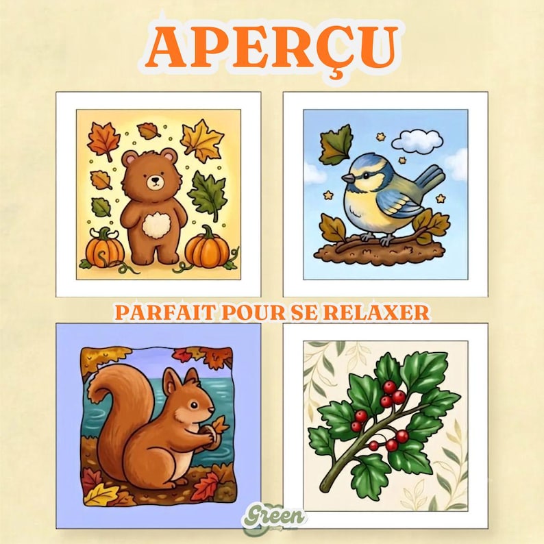 May include: Four square illustrations featuring a brown bear with pumpkins and autumn leaves, a blue bird on a branch, a squirrel holding an acorn by water, and a holly branch with red berries. The text reads APER&Ccedil;U and PARFAIT POUR SE RELAXER.