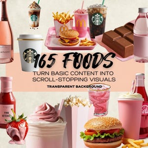 Peut inclure: Un collage de divers aliments et boissons, notamment un hamburger, des frites, des boissons roses, du café, du chocolat et du pop-corn. Le texte "165 FOODS" est bien en évidence, avec "TURN BASIC CONTENT INTO SCROLL-STOPPING VISUALS" et "TRANSPARENT BACKGROUND".