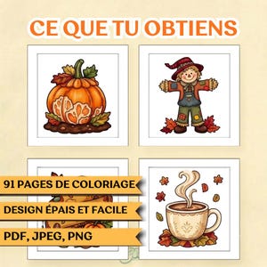 May include: A digital collection of 91 coloring pages featuring autumn themes including a carved pumpkin, a scarecrow, and a steaming mug of coffee. The text CE QUE TU OBTIENS, 91 PAGES DE COLORIAGE, DESIGN &Eacute;PAIS ET FACILE, PDF, JPEG, PNG is visible.