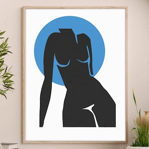 Impression sur le corps d&#39;une femme | Art mural positivité corporelle | Noir et bleu | Concept de féminité | Corps féminin abstrait | Décoration de bureau à domicile | IMPRESSION NUMÉRIQUE