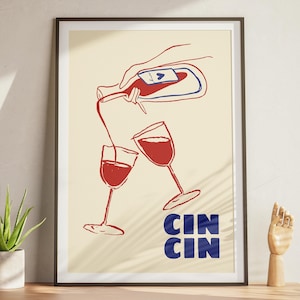 レトロCin Cinプリント | 赤ワインウォールアート | バーカートプリント | タイポグラフィポスター | バーカートデコレーション | ワイングラス | カクテルポスター | デジタルプリント