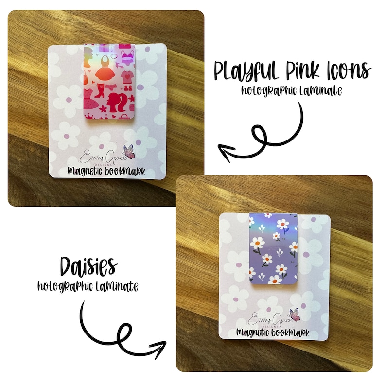 Puede incluir: Dos marcadores magn&eacute;ticos con laminado hologr&aacute;fico. El primer marcador presenta un fondo rosa con una variedad de iconos rosas y el texto "Playful Pink Icons". El segundo marcador presenta un fondo morado con un patr&oacute;n de margarita blanca y el texto "Daisies". Ambos marcadores tienen el texto "Emmy Grace Designs" y "Magnetic Bookmark".
